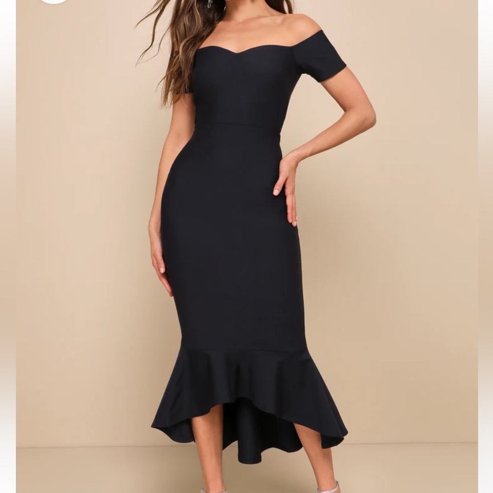 Lulus How Much I Care Midnight Blue Off-the-Shoulder Midi Dress size medium
